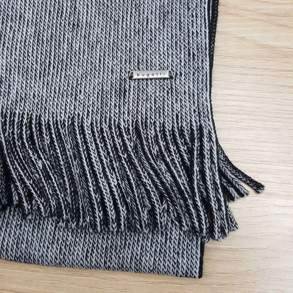 BUGATTI Scarf Mens Black Gray 100% Virgin Wool Knit Fringe 66x10 $98